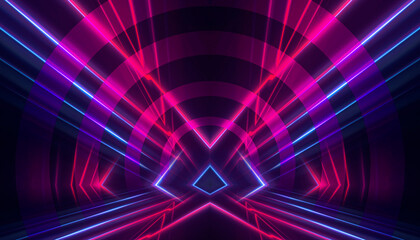 Abstract neon tunnel, neon background. Bright rays and lines.