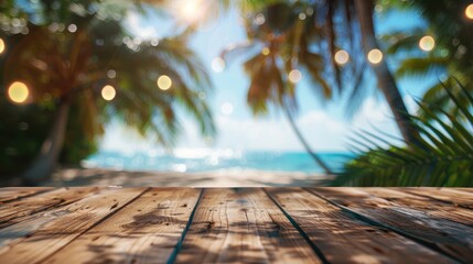 A deserted wooden table with a blurred beach party in the background, capturing the essence of laid-back seaside gatherings.