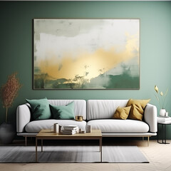 modern interior with green wall and abstract paint picture above the sofa 