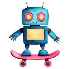Naklejka premium Playful robot on skateboard, colorful design, fun illustration, perfect for kids' themes.