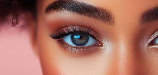 Obraz premium Close-up view of a woman's eye showcasing intricate details, vibrant colors, and elegant makeup against a soft pink background