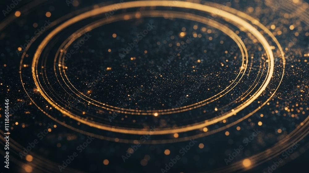 Poster a mesmerizing, abstract image featuring concentric circles and sparkling particles against a dark ba