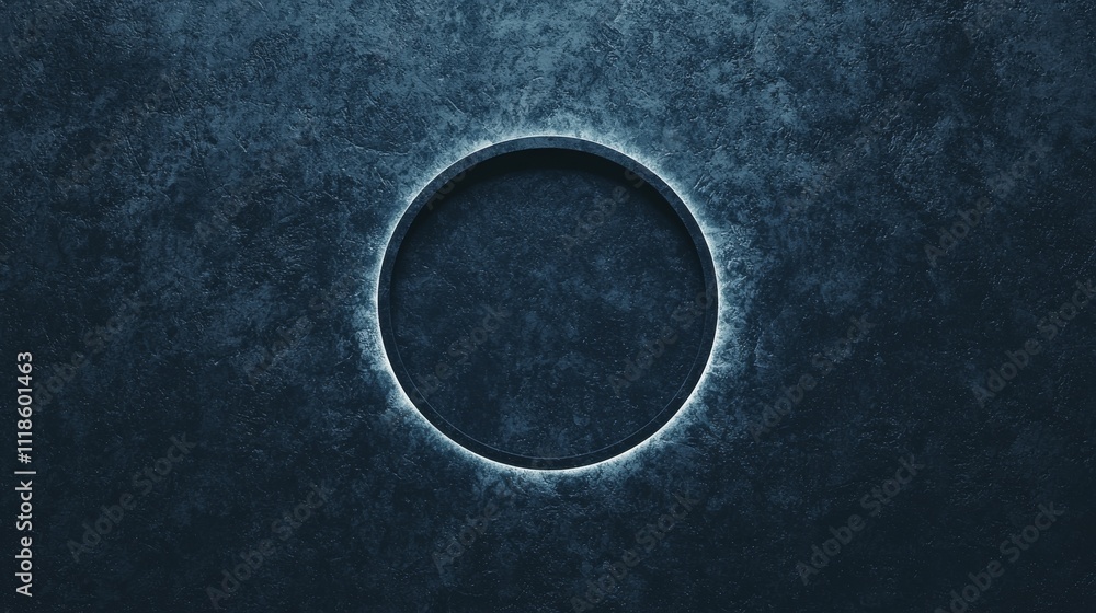 Poster a dark, textured surface featuring a prominent circular indentation, creating a striking contrast an
