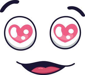 Cartoon face expressing love and affection with heart shaped eyes, raised eyebrows, and a wide, smiling mouth, conveying feelings of adoration and happiness