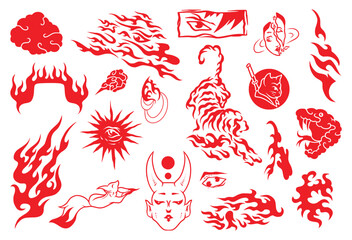 Classic set Japanese tribal Illustration Tattoo Isolated