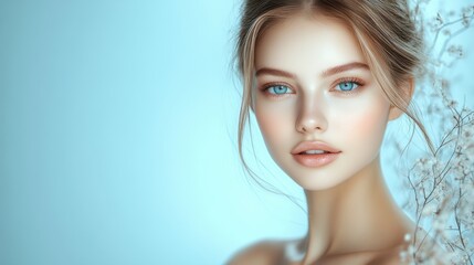 Fototapeta premium Beautiful young woman with mesmerizing blue eyes posing elegantly against a soft blue background surrounded by delicate white flowers