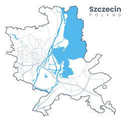 Vector Szczecin, Poland map. Urban city map. Poster with streets and Oder River. Light stroke version.