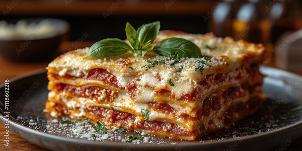 Wall mural Delicious layers of homemade lasagna served on a rustic plate with fresh basil on top in a cozy restaurant setting