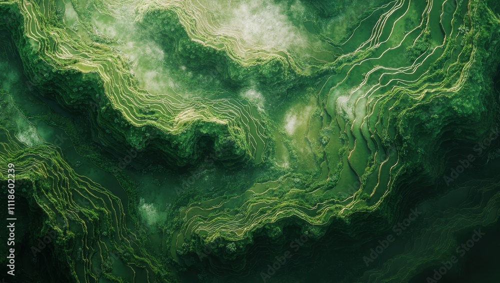 Poster abstract aerial view of textured green landscape with intricate lines and patterns resembling flowin