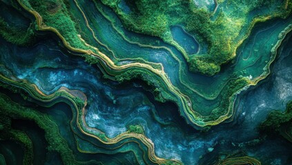 Abstract Aerial View of Colorful River Patterns Flowing Through Lush Green Landscapes with Vibrant Blues and Rich Earth Tones Enhancing Natural Beauty and Serenity