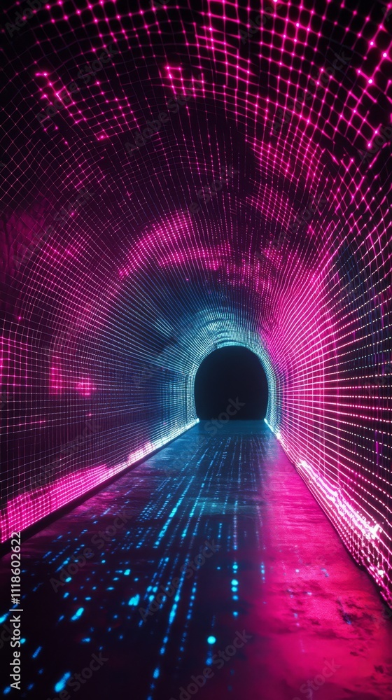 Poster tunnel of light: an immersive tunnel radiates with an intricate display of light, utilizing pink and