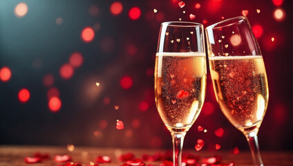 champagne glasses in front of romantic red hearts bokeh background. Background for valentines day