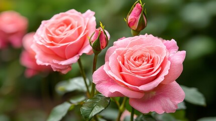 A close-up of pink roses in bloom, showcasing their delicate petals and green foliage, symbolizing beauty and romance in a natural setting.