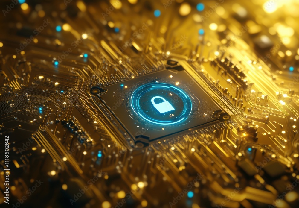 Poster abstract representation of cybersecurity with a shiny lock symbol on a circuit board background, hig