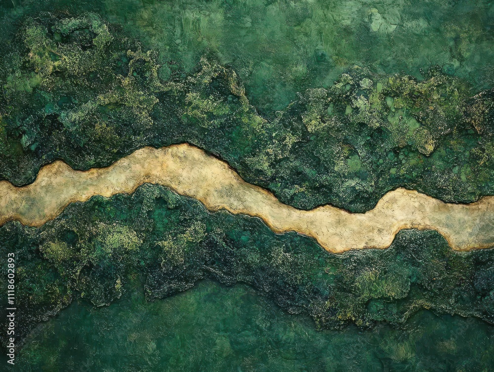 Poster abstract textured green background with golden river flowing through natural elements of earth and v