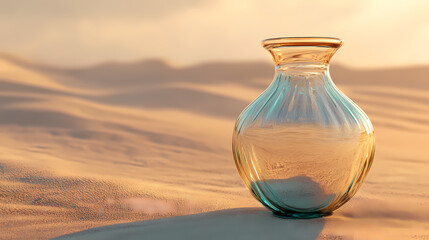 Glass vase on the desert sand. a mirage in the middle of the desert. dying of thirst, concept. ai generated. Mirage. Illustration
