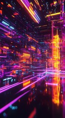 Obraz premium Neon Cityscape: A vibrant, futuristic cityscape explodes with color and energy, with neon lights streaking across a reflective surface, creating a dynamic and visually captivating scene.