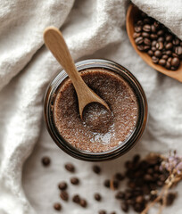 Open jar with natural coffee scrub
