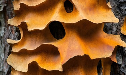 Obraz premium Close-up view of layered, orange-brown lichen or fungus on tree bark.