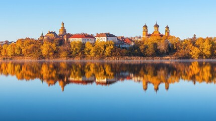 Obraz premium Autumn town reflected in calm lake, colorful trees mirroring buildings.