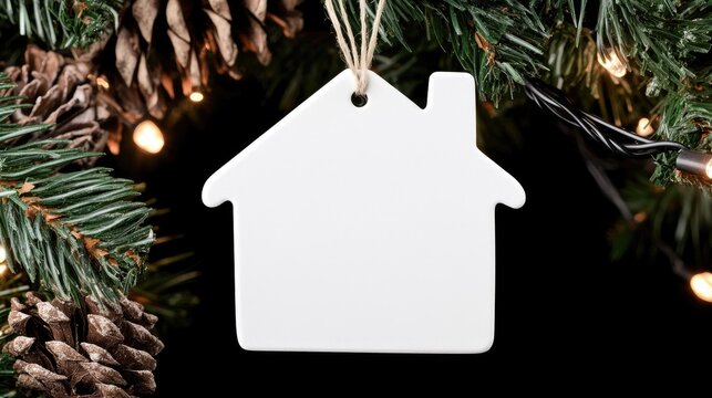 A simple white house-shaped ornament is prominently displayed amongst twinkling lights and colorful ornaments on a beautifully decorated Christmas tree during the holiday season