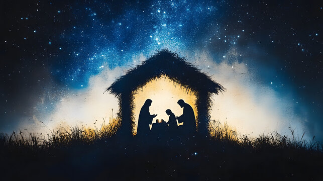 The Nativity. Silhouette of the Holy Family in the stable during the starry night. Digital illustration. - Powered by Adobe