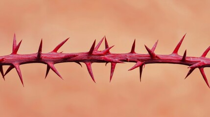 A close-up view of a red thorny branch set against a warm peach-toned background. The sharp, pointed thorns create a striking contrast with the soft, neutral backdrop