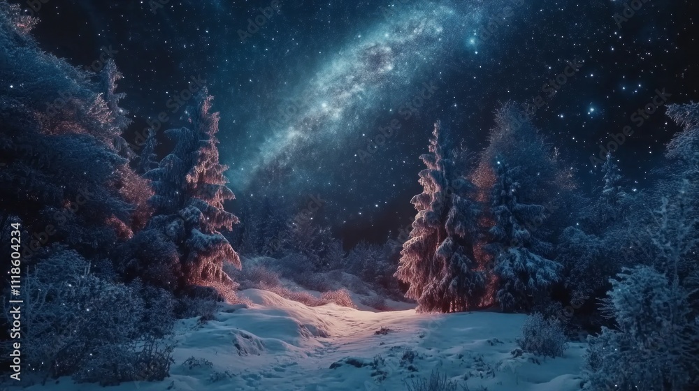 Poster in a mesmerizing winter forest, glowing lights illuminate snow-covered trees beneath a shimmering ga