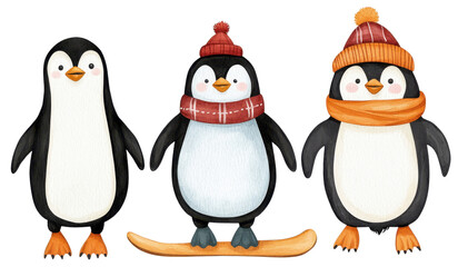 Fototapeta premium Three cute penguins wearing hats and scarves, standing together on a white isolate background.