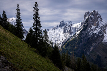 peaks of alpstein during winter in the alps of switzerland