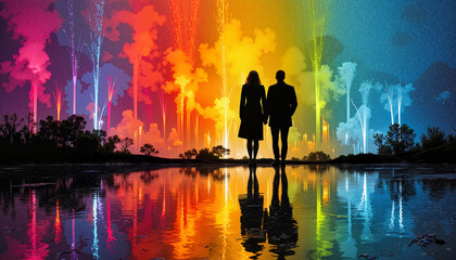 Fototapeta premium Couple walking with colorful reflection background Silhouetted couple walking hand in hand, reflected in a vibrant and colorful artistic scene.
