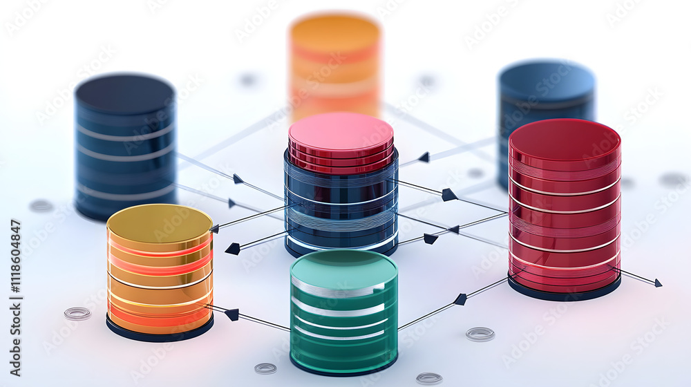 Poster a simple diagram illustrating multiple database connections, featuring stacks of different colored d