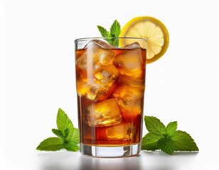 a glass of long island iced tea isolated on a white background garnished with a lemon wedge and mint leaves