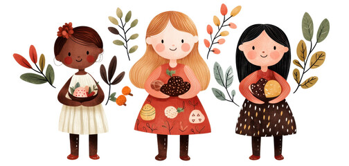 Three girls holding fruits, surrounded by colorful leaves, playful and cheerful illustration.