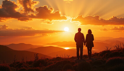 Couple holding hands at golden sunset
A romantic moment of a couple standing hand-in-hand on a hilltop, illuminated by the golden glow of a breathtaking sunset.