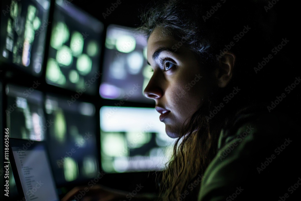 Poster woman intently viewing data on multiple screens.