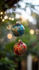 Obraz premium Twinkling Ornaments: A close-up of two vintage Christmas ornaments, one blue and one red, hanging from a branch with a bokeh background of warm holiday lights, evoking the magic of the season.