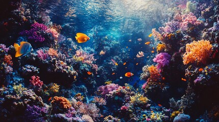 Fototapeta premium Vibrant coral reef teeming with colorful fish and diverse marine life.