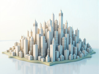 Miniature city model standing on island with skyscrapers and buildings