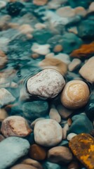 Serene Stones Submerged: Smooth, colorful river rocks partially submerged in crystal-clear water, creating a tranquil and visually appealing scene.