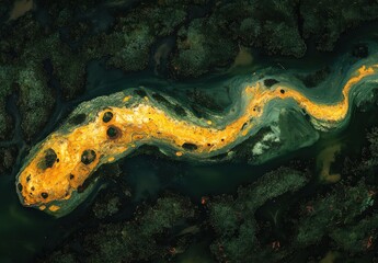 Artistic Aerial View of Colorful Swirling Patterns Resembling a Snake in Lush Green Marshland with Vibrant Yellow Accents and Dark Backgrounds