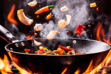 Vibrant vegetables dance in a fiery stir-fry kitchen spectacle. Generative AI