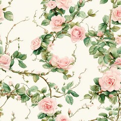 Graceful watercolor vintage letter decorated with blooming wild roses and meandering green vines in a seamless pattern