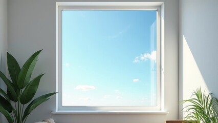 Clear view from a minimalist office window highlighting blue sky and indoor plants