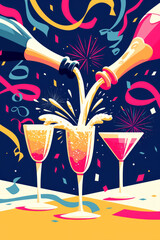 Colorful abstract party background with champagne and cocktails being poured