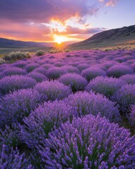 Fototapeta premium Breathtaking Lavender Fields Illuminated by Golden Sunrise Against Dramatic Sky in Scenic Landscape of Rolling Hills and Vibrant Flowers