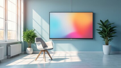 Modern training room featuring large colorful monitor and sleek chair with natural light