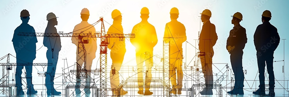 Poster construction site bustling with cranes and scaffolding blueprints capturing the emerging shape of a 