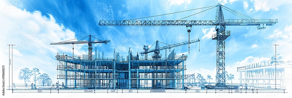 Poster bustling construction site architecture cranes and workers shaping a modern skyscraper drawn in blue