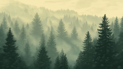 Misty evergreen forest landscape at dawn